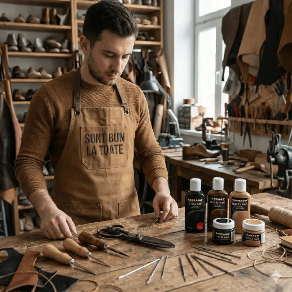 Mester SHOU in atelier, restaurand incaltaminte din piele cu unelte de cizmarie si produse Tarrago