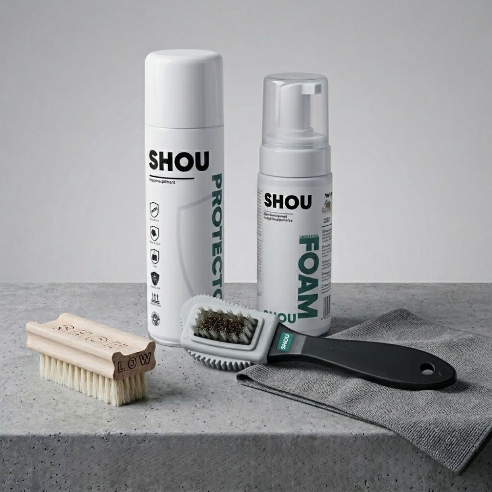 Sistem complet SHOU pentru curatarea si protejarea pantofilor din piele intoarsa si nubuck, incluzand solutie tip spuma, spray de impermeabilizare, doua perii dedicate si o laveta din microfibra