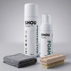 Sistem complet de curatare si protectie SHOU pentru pantofi, incluzand tubul de spray de impermeabilizare, spuma universala de curatat, peria premium moale Shou Low si laveta absorbanta